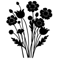 Silhouette of a bunch of wildflowers including poppies and daisies