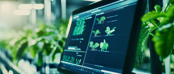 Advanced computer screen displaying plant data amidst green leaves showcasing modern agriculture and digital collaboration among farmers