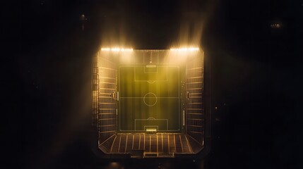 Empty football stadium under bright lights, showcasing the quiet anticipation before a major event, symbolizing preparation and the calm before excitement