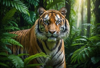 Majestic Tiger in Lush Tropical Jungle, Wild Cat Portrait Photography