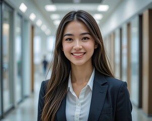 Smiling Young Woman Portrait in Modern Office, portrait of a businesswoman