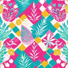a seamless Japanese-inspired pattern featuring "Asanoha" (hemp leaf) and "Ichimatsu" (checkerboard) motifs in a vibrant, pop-style color palette of pink, turquoise, yellow, and white. 