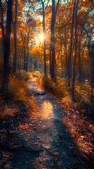 Fototapeta premium A Serene Hiking Trail Bathed in Dappled Sunlight Amidst the Vibrant Foliage of a New Jersey Forest