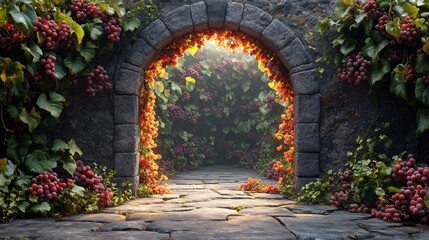 Fototapeta premium Stone archway draped in grapevines leading to a sunlit garden path.