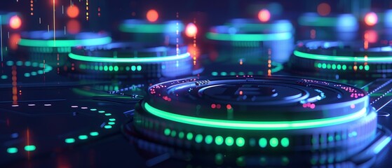 Futuristic digital landscape with glowing circular structures, vibrant lights, and abstract data flow