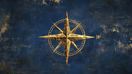 Golden Compass Rose on Dark Blue Textured Background