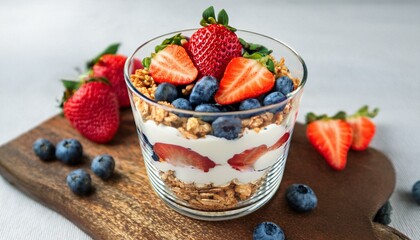 Delicious parfait with yogurt, granola, strawberries, and blueberries.
