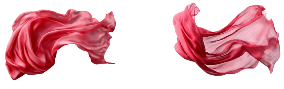 Red flying fabric, silk cloth with pink background isolated on transparent png
