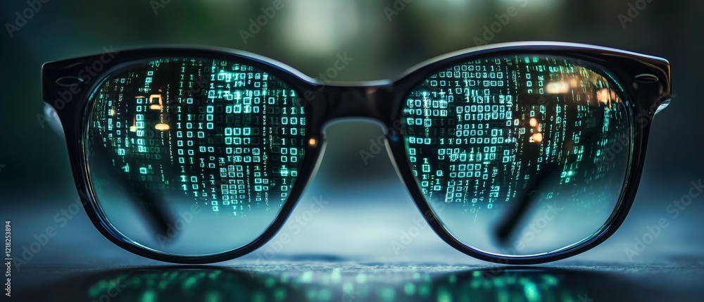 Poster digital vision: a pair of black-rimmed glasses reflects a mesmerizing display of flowing binary code