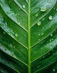 Close-up of a lush green leaf glistening with morning dew.