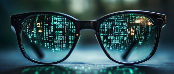 Digital Vision: A pair of black-rimmed glasses reflects a mesmerizing display of flowing binary code, suggesting a world viewed through the lens of technology and innovation.  