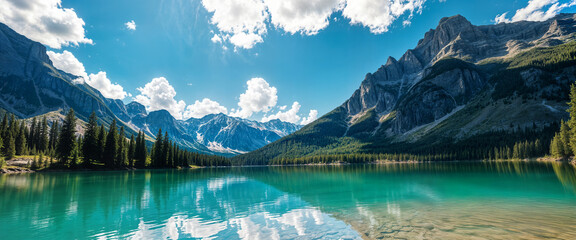 Crystal clear lake reflecting mountain peaks under a bright blue sky in a serene national park setting