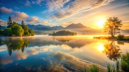 Serene lake landscape with a stunning panoramic view of a sunrise over calm waters and misty mountains