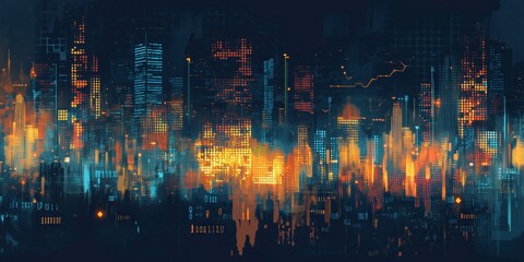 Obraz premium Neon Cityscape: A vibrant, neon cityscape bathed in the glow of a thousand lights, creating a surreal and mesmerizing atmosphere. The abstract brushstrokes capture the energy and movement of the city.