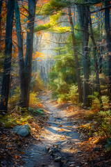 Fototapeta premium A Serene Hiking Trail Bathed in Dappled Sunlight Amidst the Vibrant Foliage of a New Jersey Forest