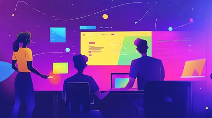 A Node.js developer brainstorming real-time app solutions with teammates at a collaborative workspace