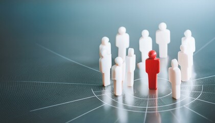 One red figure stands out among a circle of white figures, symbolizing leadership, individuality, or standing out from the crowd.  