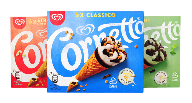 Walls multi pack cornetto boxes containing mint, classico, and strawberry flavour ice cream wafer cones