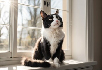Sunlit Black and White Cat Sitting on Windowsill, Enjoying Sunny Day