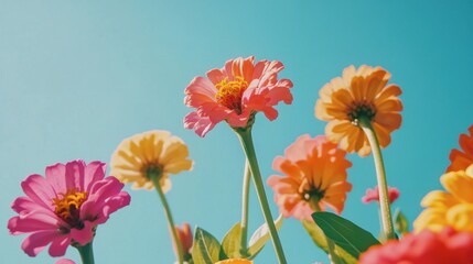 Vibrant Zinnia Flowers Against a Bright Blue Sky on a Sunny Day