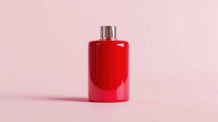 Obraz premium Glossy red bottle on a soft pink background, showcasing modern minimalistic design and vibrant color, perfect for cosmetic or personal care product photography.