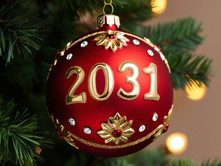 The Christmas ornament says Happy New Year, adding festive cheer.