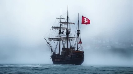Scene of a pirate ship sailing in the ocean, smooth repeating motion for background video animation
