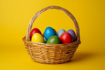 Colorful Easter eggs in a wicker basket against a yellow background. (1)