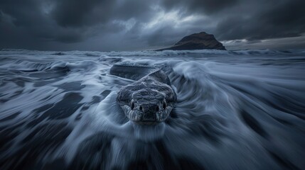 Dramatic ocean waves crashing against a rocky shore under a stormy sky with distant mountains