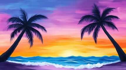 Obraz premium Tropical Sunset with Palm Trees Overlooking Calm Ocean Waves