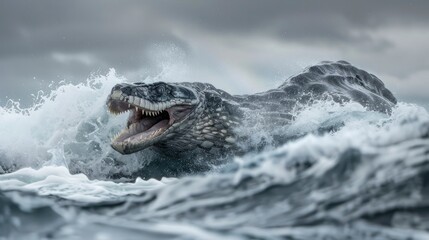 Obraz premium A prehistoric marine reptile thrashing through stormy ocean waves under a cloudy sky
