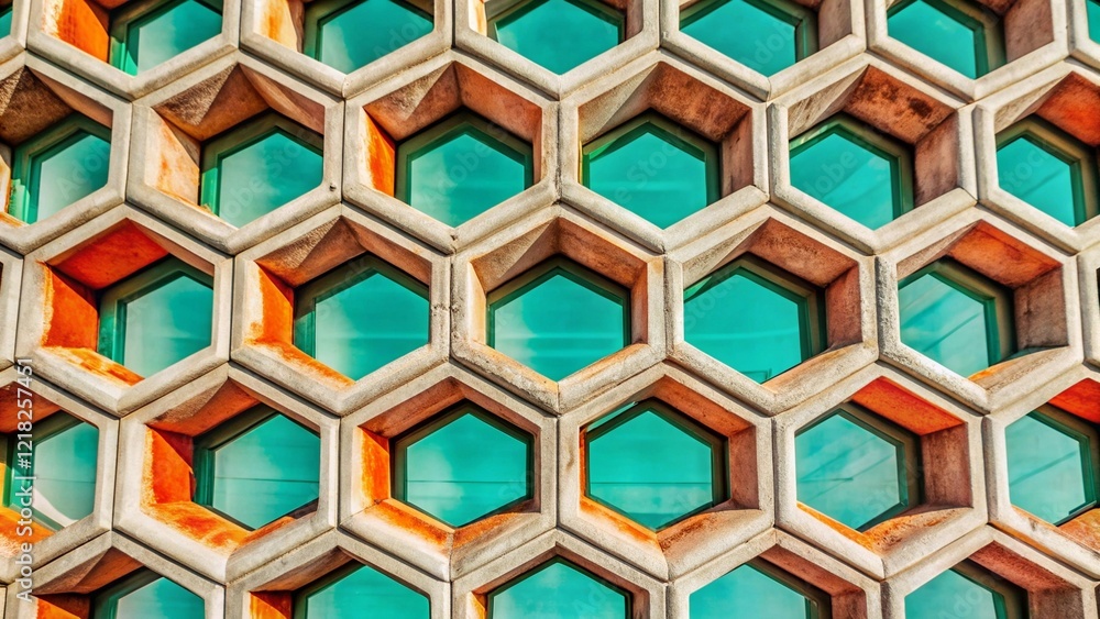 Poster close-up geometric honeycomb pattern with textured concrete hexagons in warm tones
