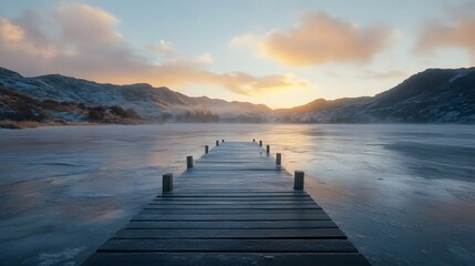 Obraz premium sunrise over the lake with wooden pathway