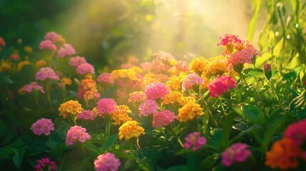 Obraz premium Colorful Flower Garden with Soft Light and Bokeh Aesthetic Effects