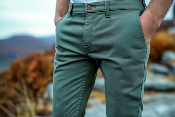 Olive green chinos styled for a laid-back outdoor picnic, combining comfort and style. Paired with a casual t-shirt and sneakers, the outfit radiates effortless cool for a relaxing weekend outdoors.