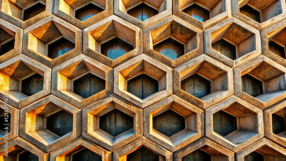 Poster close-up geometric honeycomb pattern with textured concrete hexagons in warm tones