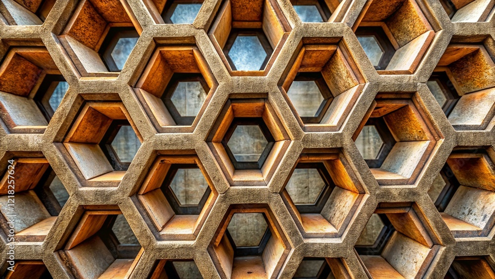 Poster close-up geometric honeycomb pattern with textured concrete hexagons in warm tones