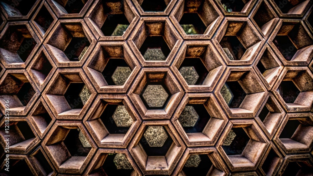 Poster close-up geometric honeycomb pattern with textured concrete hexagons in warm tones