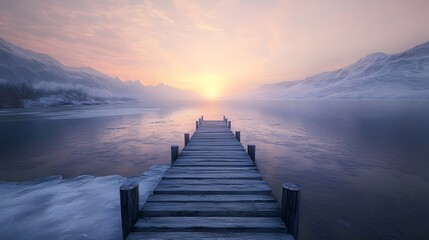 Obraz premium sunrise over the lake with wooden pathway