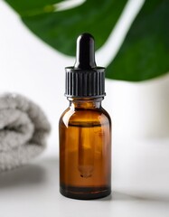 Amber bottle of essential oil with a dropper.