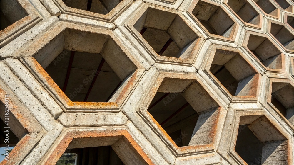 Poster close-up geometric honeycomb pattern with textured concrete hexagons in warm tones