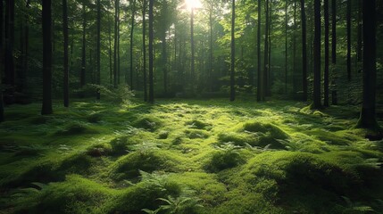 Obraz premium Sunbeams illuminate lush green moss and ferns on forest floor.
