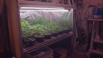 Indoor herb garden cultivation, grow lights, basement, urban farming