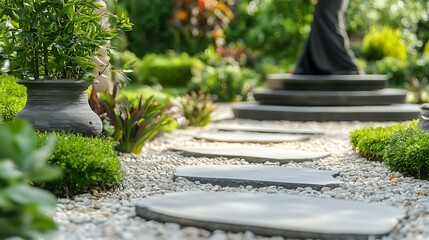 A peaceful garden setting with a person practicing tai chi as part of a holistic pain management routine