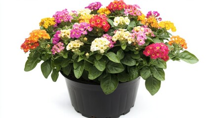Obraz premium Vibrant Flowering Plant with Colorful Blooms in Black Pot Display