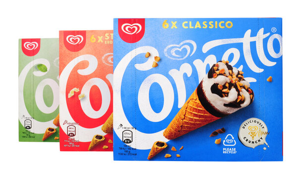 Walls multi pack cornetto boxes containing mint, classico, and strawberry flavour ice cream wafer cones