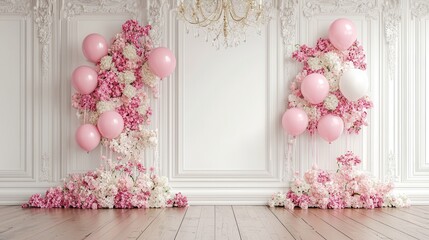 Elegant Pink and White Balloon Decorations for Parties and Events in Classic White Interior.