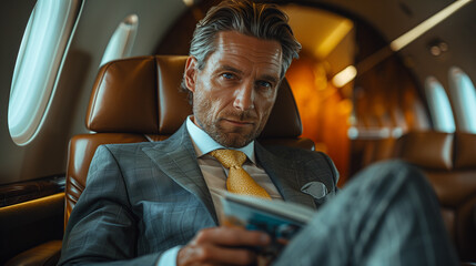 Successful business people dress appropriately in airplane cabins, symbolizing elite travel and global business engagement. A blend of luxury, professionalism and mobility at premium corporate events.