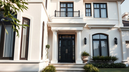 Naklejka premium Luxury Home Exterior: Modern Architecture, Elegant Design, and Classic Style. This stunning property boasts a beautiful facade, grand entrance, and meticulous landscaping.
