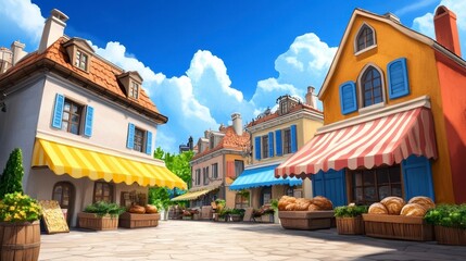 Charming European Village Square under Bright Blue Sky and Soft Clouds